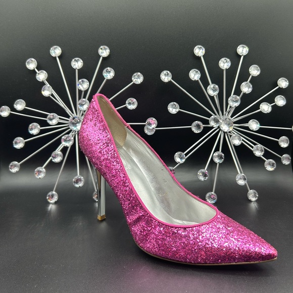Guess Barbie Pink Pointed Toe Sequin 4” Silver Heel Shoes Size 9 - Picture 12 of 13